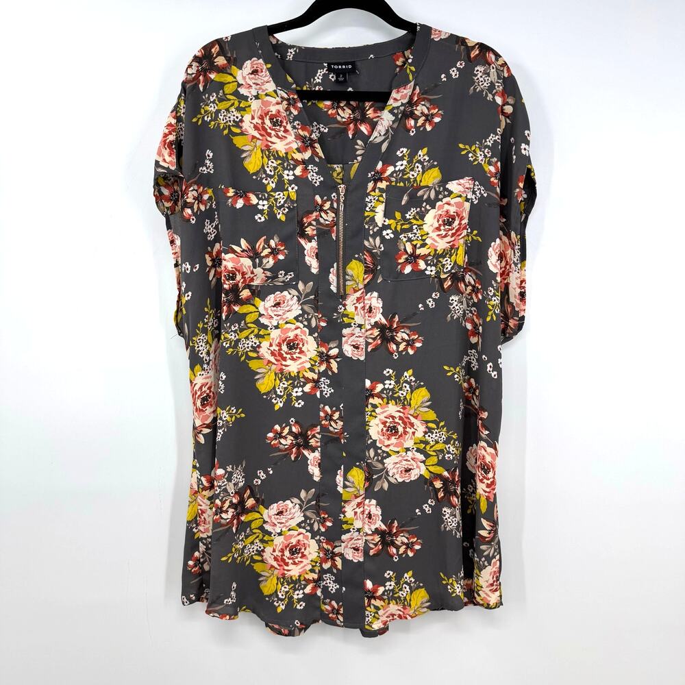 Torrid Dark Gray Floral Tunic Top 2 2X Zip Up Semi Sheer Whimsigoth Fairy Goth